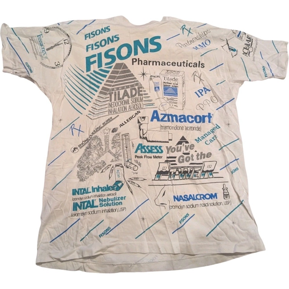 RARE Vintage 1994 Fisons‎ Pharma AOP T-Shirt XL Medical Drug Promo Single Stitch